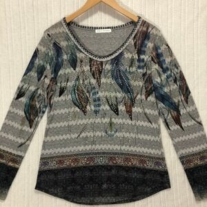 Voice of California Feather Print Top Embellished Long Sleeve Gray Size Medium